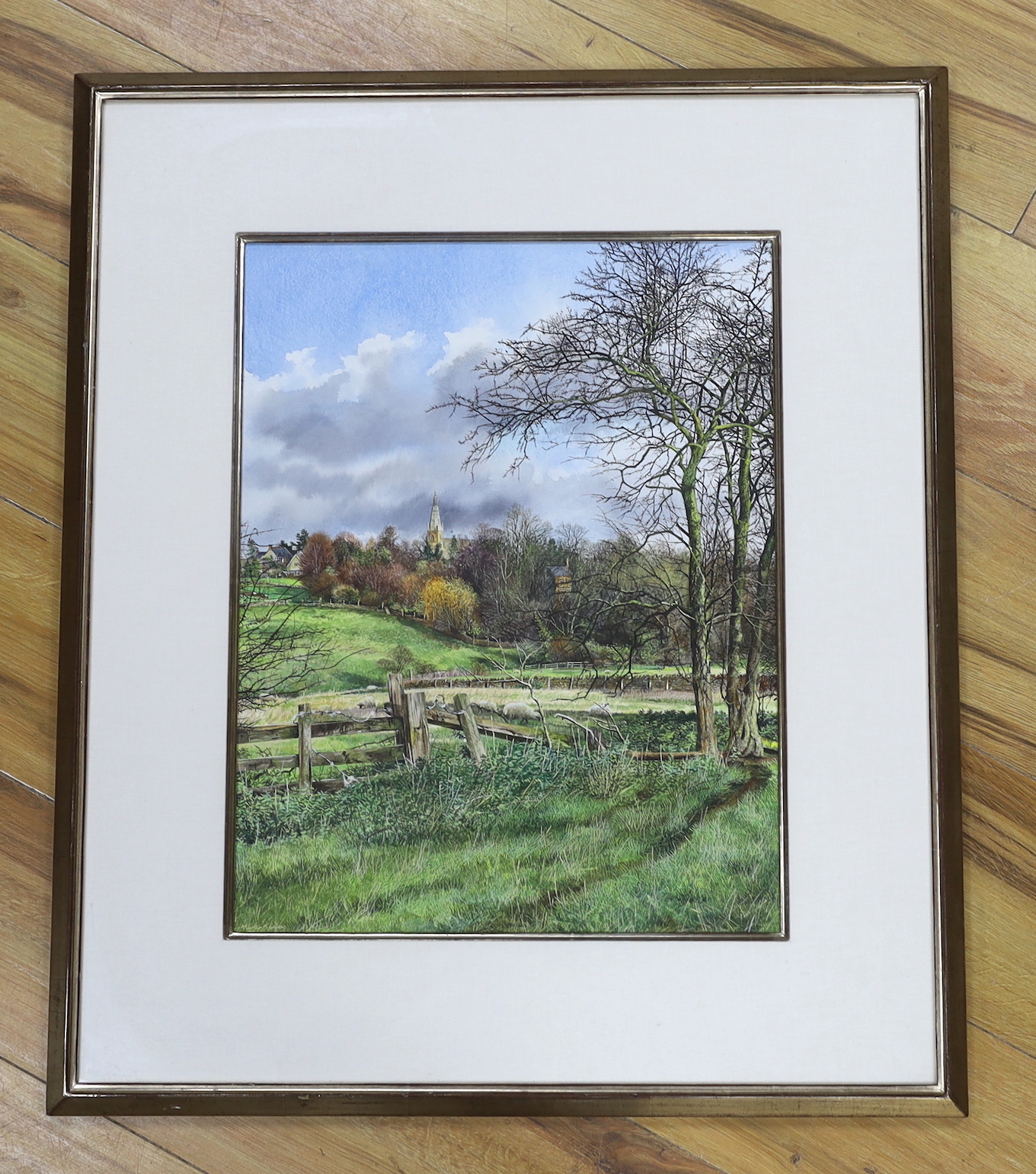 Martin Taylor (b. 1954), finely detailed watercolour, 'Brixworth Church from Reg's Field', signed and inscribed label verso, 45 x 35cm